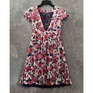 Free People Silk Dress Woman 4 Floral Multicolor Short Sleeve Low V Neck Layered